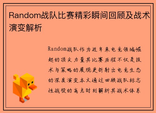 Random战队比赛精彩瞬间回顾及战术演变解析