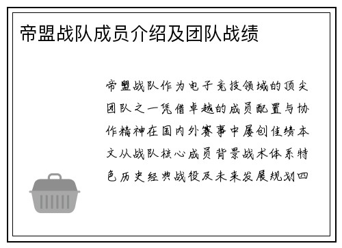 帝盟战队成员介绍及团队战绩
