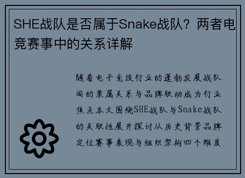 SHE战队是否属于Snake战队？两者电竞赛事中的关系详解