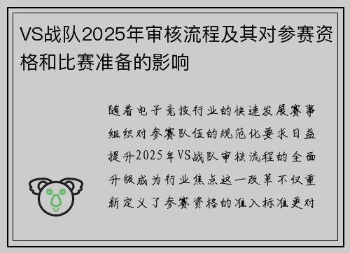 VS战队2025年审核流程及其对参赛资格和比赛准备的影响